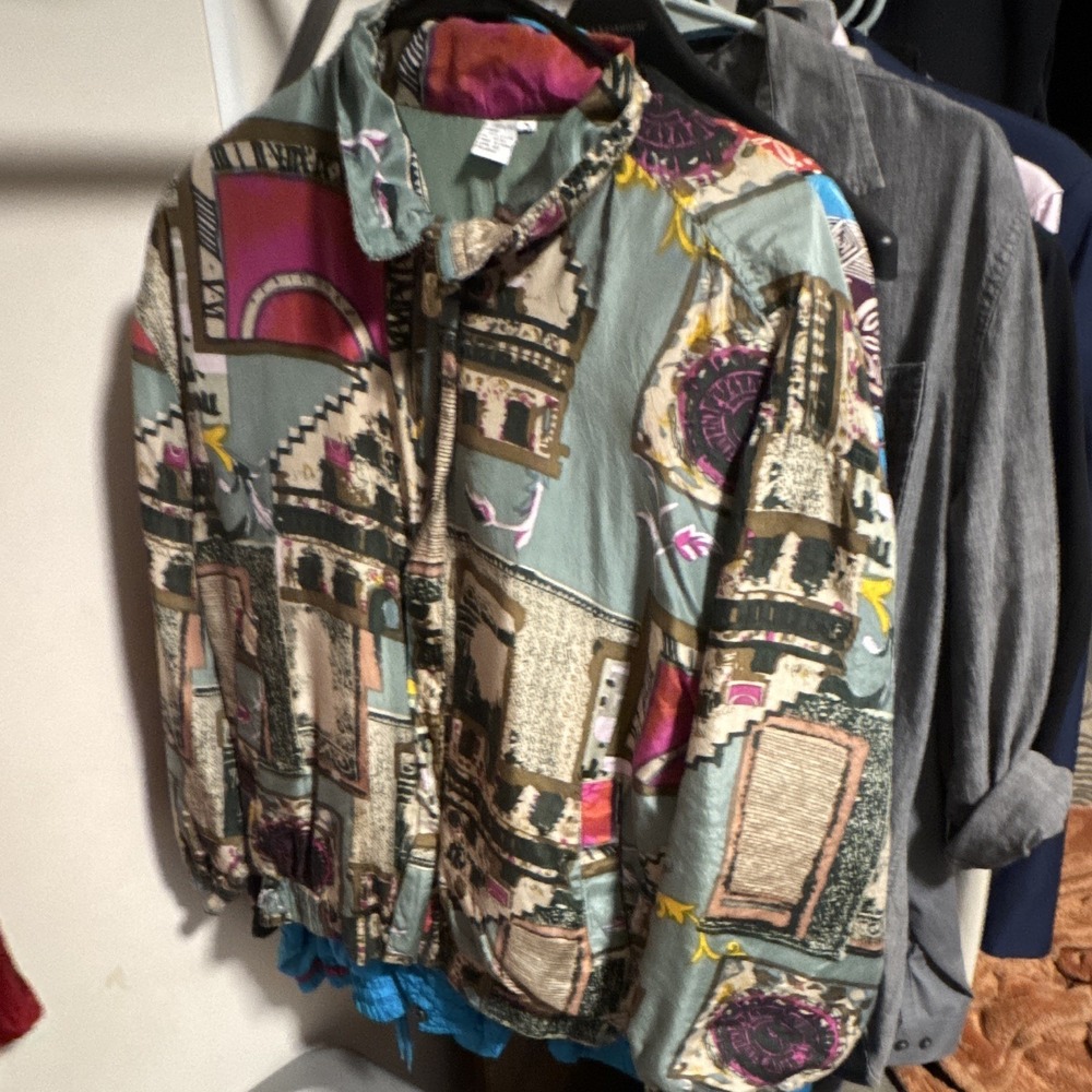 Women's Bomber Jacket S Multicolor Geometric Full Zip Nylon Lined Short